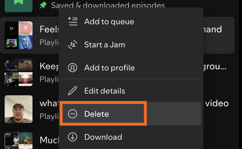 Partial view of the more options menu for a playlist in Spotify. The option to delete is highlighted.