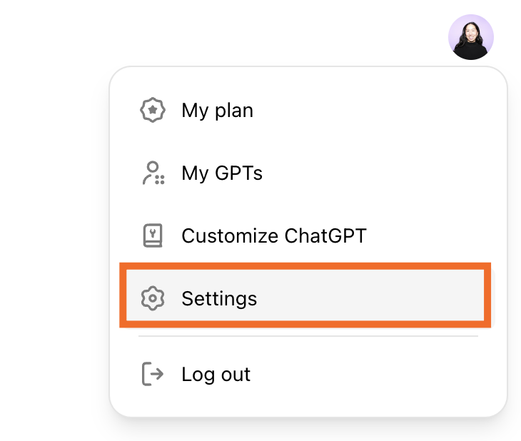 Expanded view of the profile menu in ChatGPT with the settings option highlighted.