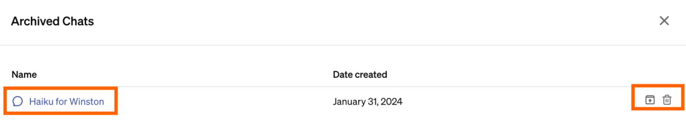 List of archived ChatGPT conversations with options to view, unarchive, and delete a conversation highlighted.