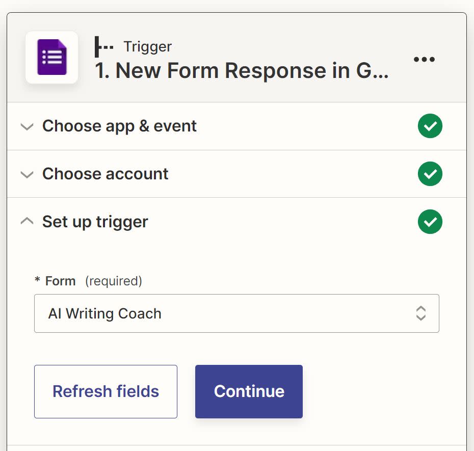 The form AI Writing Coach has been selected in the form field.