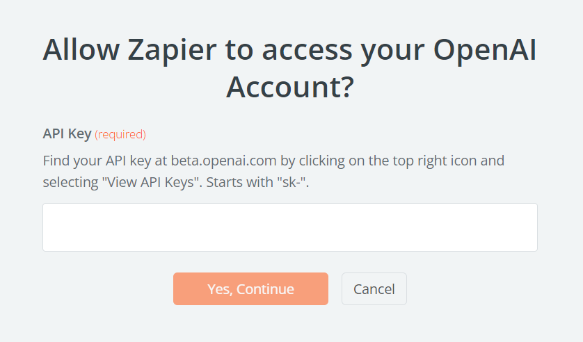 A pop-up window that asks "Allow Zapier to access your OpenAPI account?"