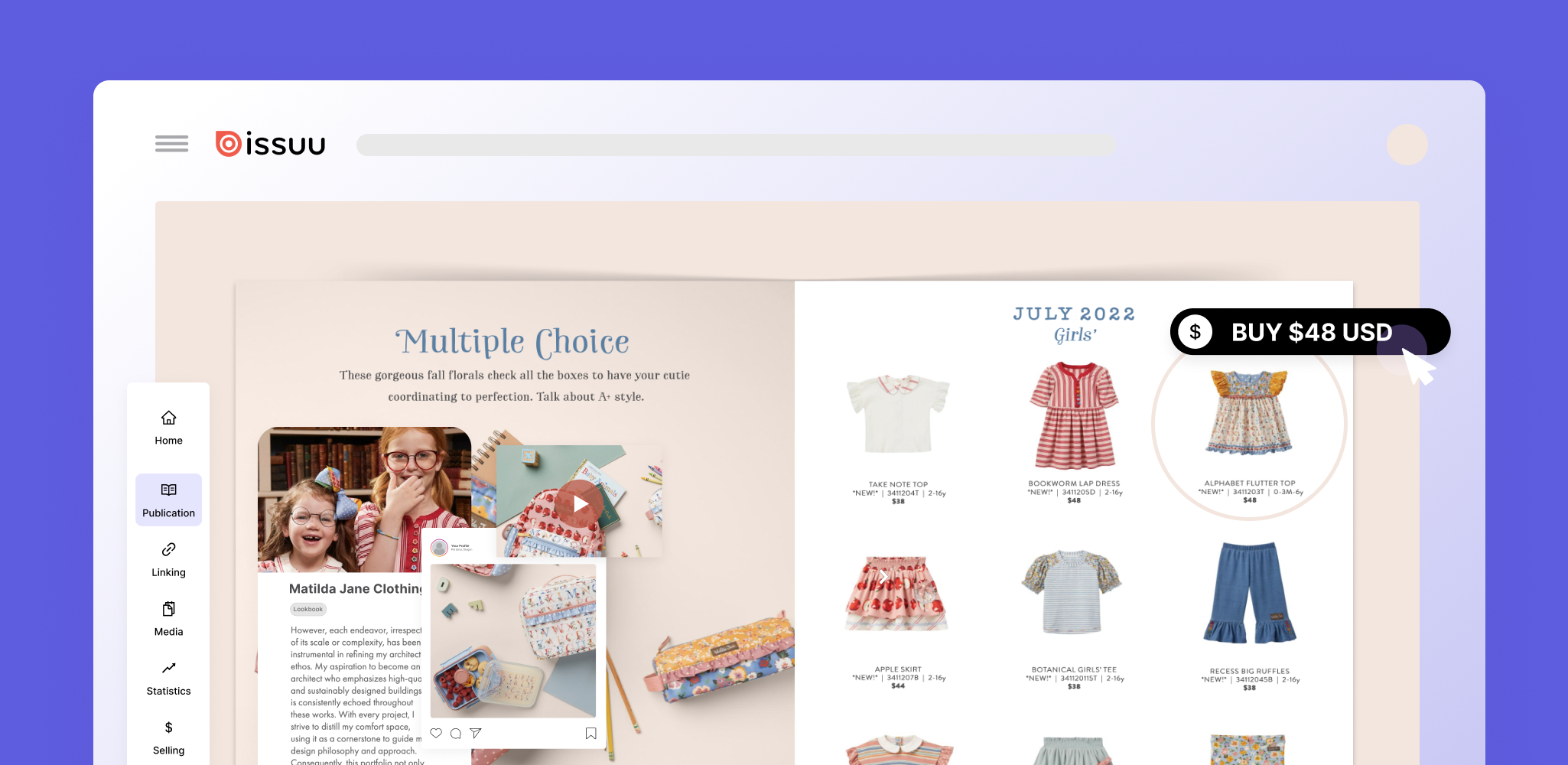 Image showcasing a catalog flipbook, shopping links, and kids clothes