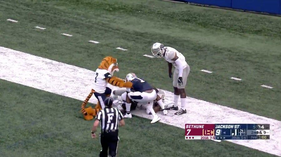 Overexcited Jackson State Mascot Hops Right In The Scrum After A Touchdown