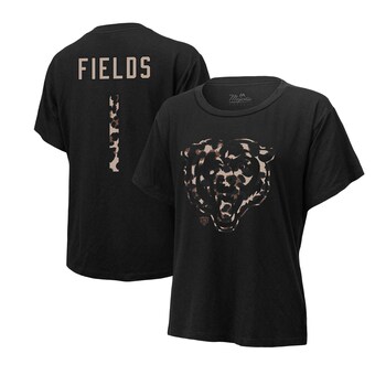 Women's Chicago Bears Justin Fields Majestic Threads Black Leopard Player Name & Number T-Shirt