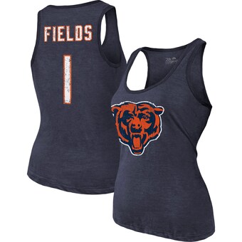 Women's Chicago Bears Justin Fields Majestic Threads Heathered Navy Name & Number Tri-Blend Tank Top