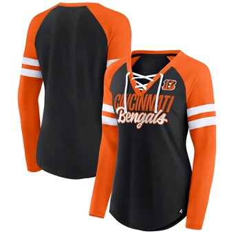 Women's Cincinnati Bengals Fanatics Black/Orange True to Form Raglan Lace-Up V-Neck Long Sleeve T-Shirt