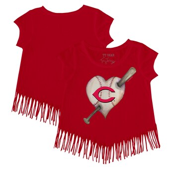 Girls Youth Cincinnati Reds Tiny Turnip Red Heart Bat Fringe T-Shirt