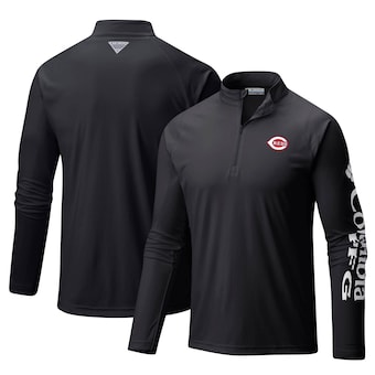 Men's Cincinnati Reds Columbia Black Terminal Tackle Omni-Shade Raglan Quarter-Zip Pullover Top