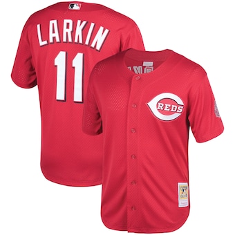 Men's Cincinnati Reds Barry Larkin Mitchell & Ness Red Throwback Cooperstown Mesh Batting Practice Jersey