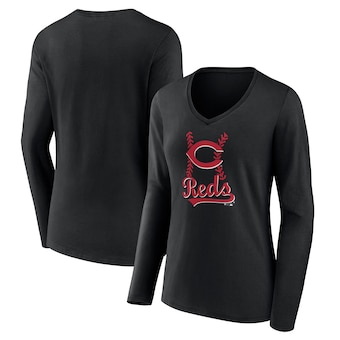 Women's Cincinnati Reds Black Fastball Long Sleeve V-Neck T-Shirt