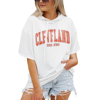 Women's Gameday Couture  White Cleveland Browns Oversized Chic Captain French Terry Short Sleeve Pullover Hoodie
