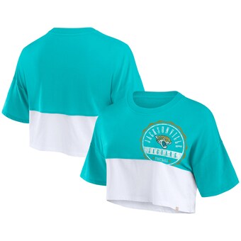 Women's Jacksonville Jaguars Fanatics Teal/White Boxy Color Split Cropped T-Shirt