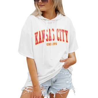 Women's Gameday Couture  White Kansas City Chiefs Oversized Chic Captain French Terry Short Sleeve Pullover Hoodie