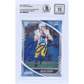 Justin Herbert Los Angeles Chargers Autographed 2020 Panini Absolute #167 Beckett Fanatics Witnessed Authenticated 10 Rookie Card with "Bolt Up!" Inscription