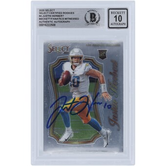 Justin Herbert Los Angeles Chargers Autographed 2020 Panini Select Certified Rookies #SCR-4 Beckett Fanatics Witnessed Authenticated 10 Rookie Card