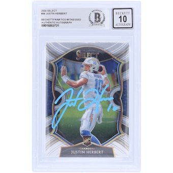 Justin Herbert Los Angeles Chargers Autographed 2020 Panini Select Light Blue Ink #44 Beckett Fanatics Witnessed Authenticated 10 Rookie Card 