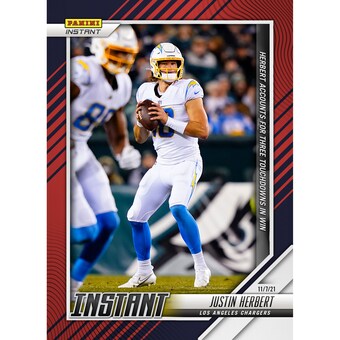 Los Angeles Chargers Justin Herbert Fanatics Exclusive Parallel Panini Instant NFL Week 9 Three Touchdowns in Road Win Single Trading Card - Limited Edition of 99