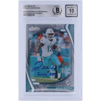 Jaylen Waddle Miami Dolphins Autographed 2021 Panini Absolute #106 Beckett Fanatics Witnessed Authenticated 10 Rookie Card with "Fins Up" Inscription