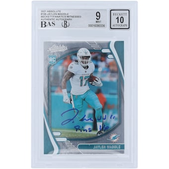 Jaylen Waddle Miami Dolphins Autographed 2021 Panini Absolute #106 Beckett Fanatics Witnessed Authenticated 9/10 Rookie Card with "Fins Up" Inscription