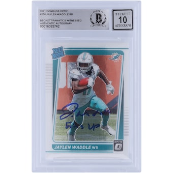 Jaylen Waddle Miami Dolphins Autographed 2021 Panini Donruss Optic Rated Rookie #208 Beckett Fanatics Witnessed Authenticated 10 Rookie Card with "Fins Up" Inscription