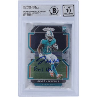 Jaylen Waddle Miami Dolphins Autographed 2021 Panini Prizm #338 Beckett Fanatics Witnessed Authenticated 10 Rookie Card with "Fins Up!" Inscription