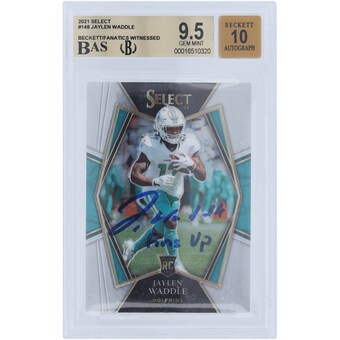 Jaylen Waddle Miami Dolphins Autographed 2021 Panini Select #148 Beckett Fanatics Witnessed Authenticated 9.5/10 Rookie Card with "Fins Up" Inscription