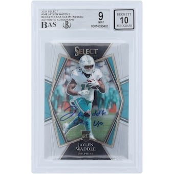 Jaylen Waddle Miami Dolphins Autographed 2021 Panini Select Premier Level #148 Beckett Fanatics Witnessed Authenticated 9/10 Rookie Card with "Fins Up" Inscription