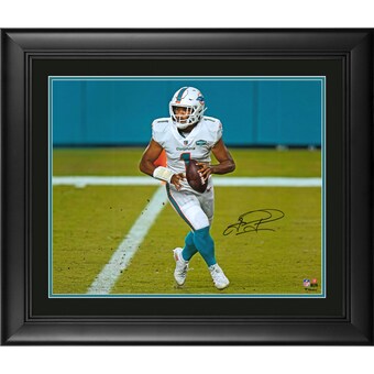 Autographed Miami Dolphins Tua Tagovailoa Fanatics Authentic Framed 16" x 20" White Jersey Rolling Out Photograph