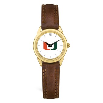 Women's Gold/Brown Miami Hurricanes Medallion Leather Watch