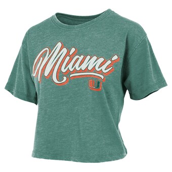 Women's Pressbox Green Miami Hurricanes Team Script Harlow Vintage Waist Length T-Shirt