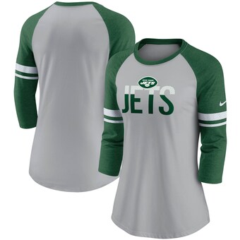 Women's New York Jets Nike Heathered Gray/Green Stripe Mesh Nickname Tri-Blend 3/4-Sleeve T-Shirt