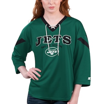 Women's New York Jets Starter Green Rally Lace-Up 3/4 Sleeve T-Shirt