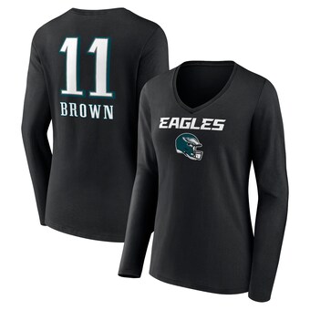 Women's Philadelphia Eagles A.J. Brown Fanatics Black Wordmark Player Name & Number Long Sleeve V-Neck T-Shirt