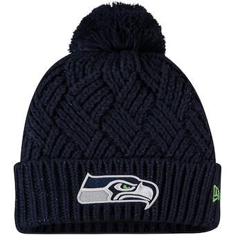 Girls Youth Seattle Seahawks New Era College Navy Brisk Cuffed Knit Hat with Pom