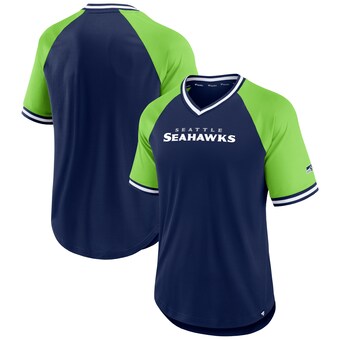 Men's Seattle Seahawks Fanatics College Navy/Neon Green Second Wind Raglan V-Neck T-Shirt