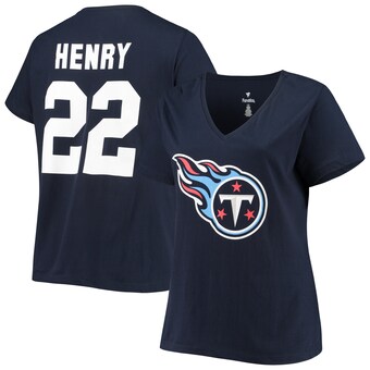 Women's Tennessee Titans Derrick Henry Navy Plus Size Fair Catch Name & Number V-Neck T-Shirt