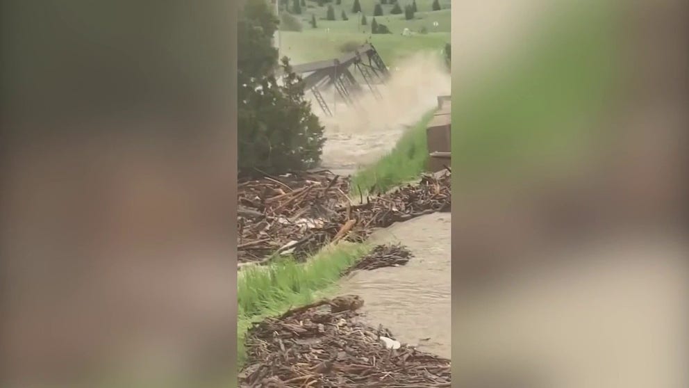 A Montana bridge was swept away on Monday as severe flooding hits Yellowstone National Park. 