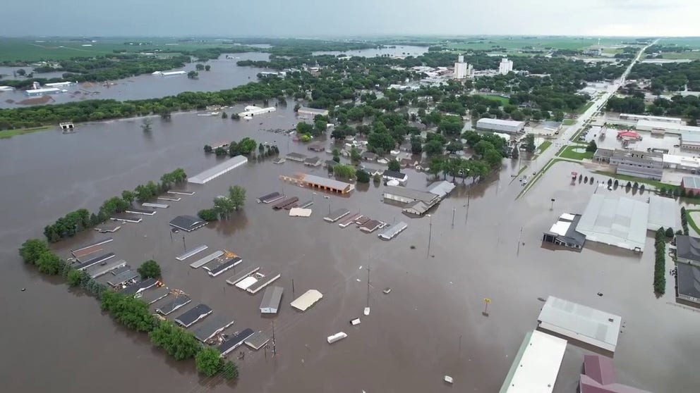 Drone video captured by Carter Vanden Bos shows widespread flooding in the western area of Rock Valley City in Iowa on Saturday, June 22, 2024.