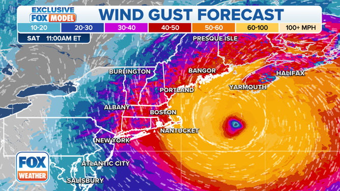 The potential wind gusts from Hurricane Lee on Saturday, September 16, 2023.