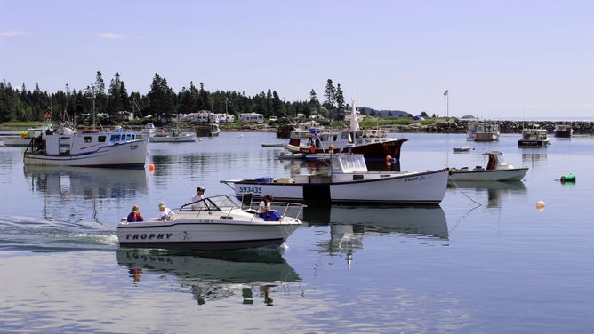 Maine Coast New England USA Jonesport small harbor with lobster boats. (Photo by: Education Images/Universal Images Group via Getty Images)