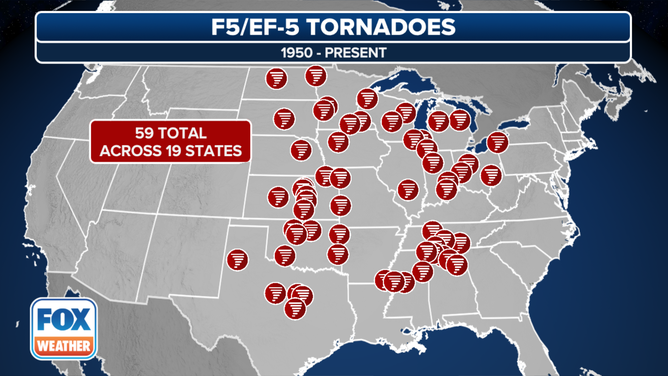 Each placemark denotes the location of a tornado that received a rating of EF-5/F-5 on the Fujita/Enhanced Fujita Scale. Only 59 twisters have been rated this intensity since 1950.