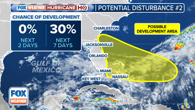 The outlook for a potential tropical disturbance in the southwestern Atlantic.