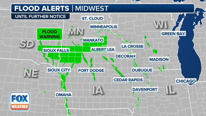 Flood alerts in the Midwest.