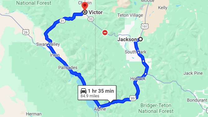Google map of detour route in Idaho and Wyoming