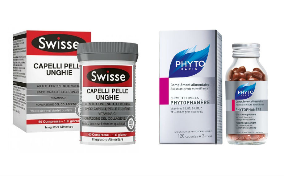 Da sinistra: Ultiboost Capelli Pelle Unghie di Swisse e Phytophanère di Phyto