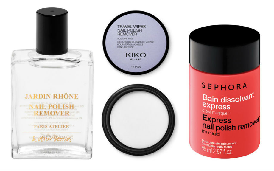 Da sinistra: Paris Atelier Nail Polish Remover di & Other Stories, Nail Polish Remover Wipes di Kiko e Bain Dissolvent Express di Sephora.