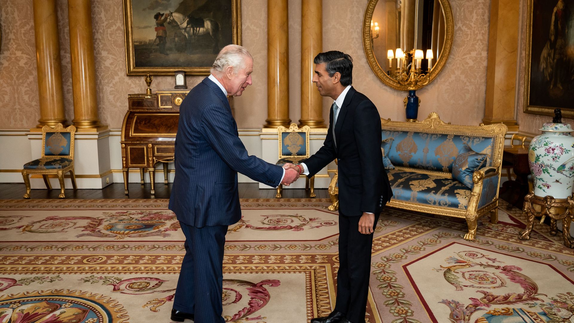 King Charles shaking hands with Rishi Sunak