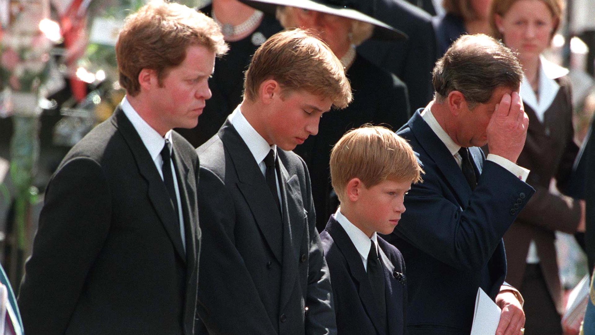 Prince William, Prince Harry, and then Prince Charles at Princess Diana's funeral service on 6 September 1997  