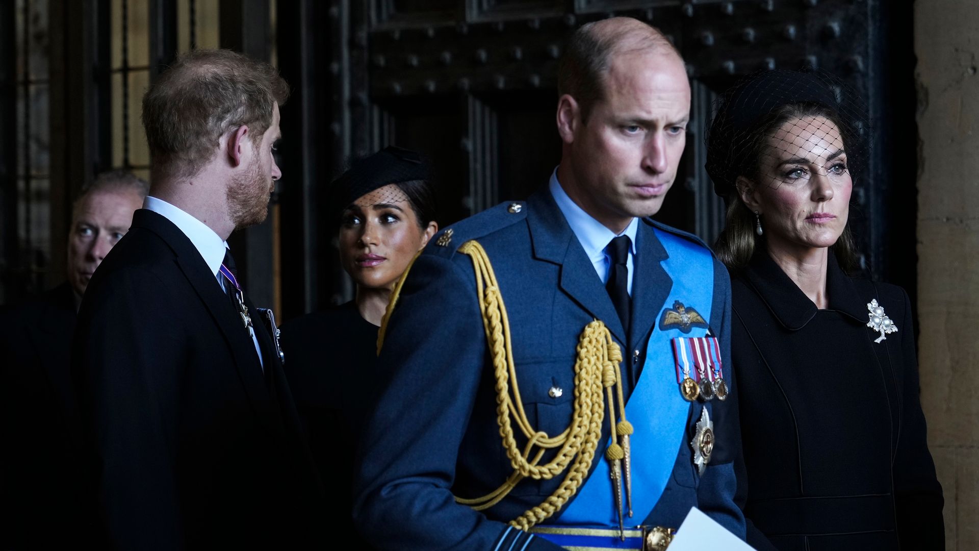 Prince William, Prince of Wales, Catherine, Princess of Wales, Prince Harry, Duke of Sussex, and Meghan, Duchess of Sussex leave after escorting the coffin of Queen Elizabeth II to Westminster Hall from Buckingham Palace for her lying in state, on September 14, 2022 in London, United Kingdom