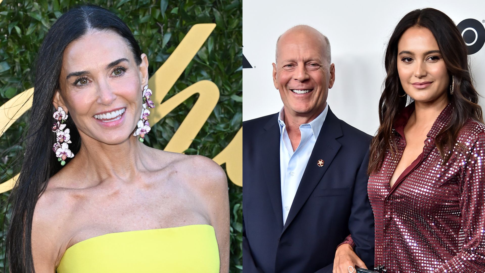 Split image of Demi Moore and Bruce Willis with his wife Emma Heming Willis